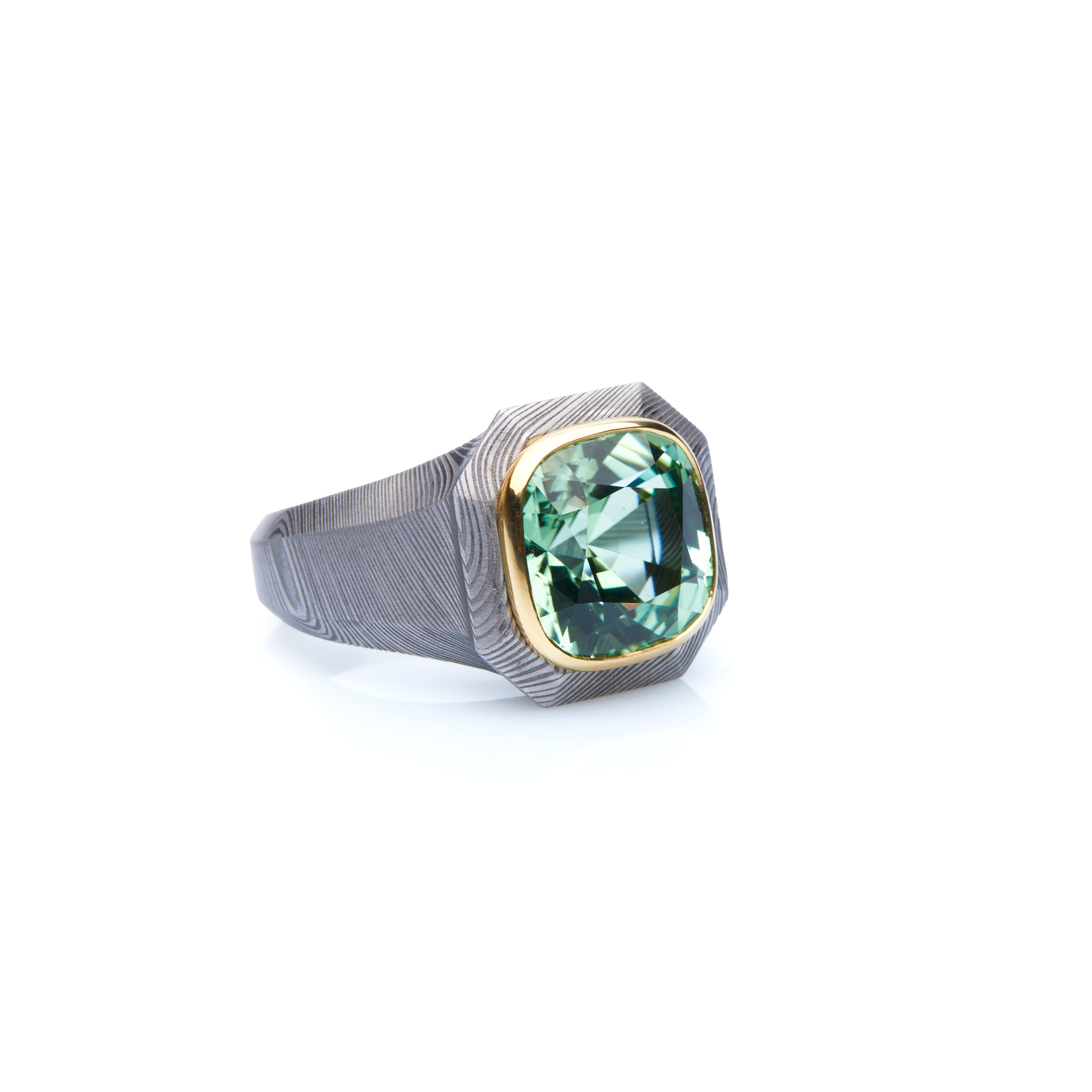 Mint Tourmaline Damascus Steel Ring