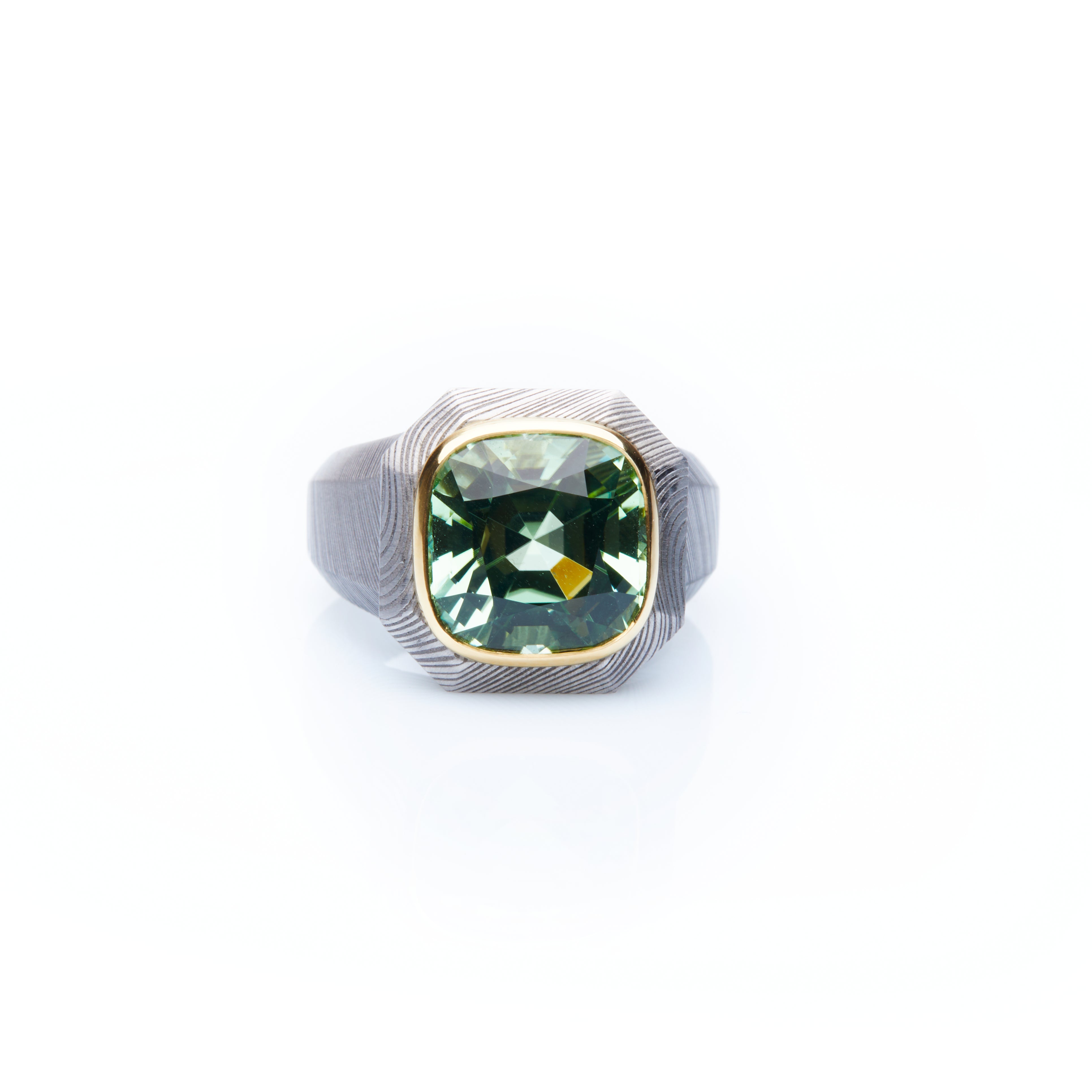 Mint Tourmaline Damascus Steel Ring