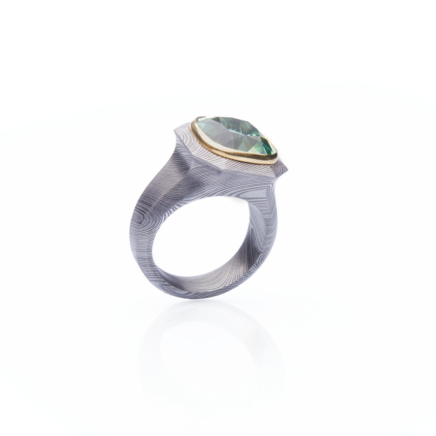 Mint Tourmaline Damascus Steel Ring