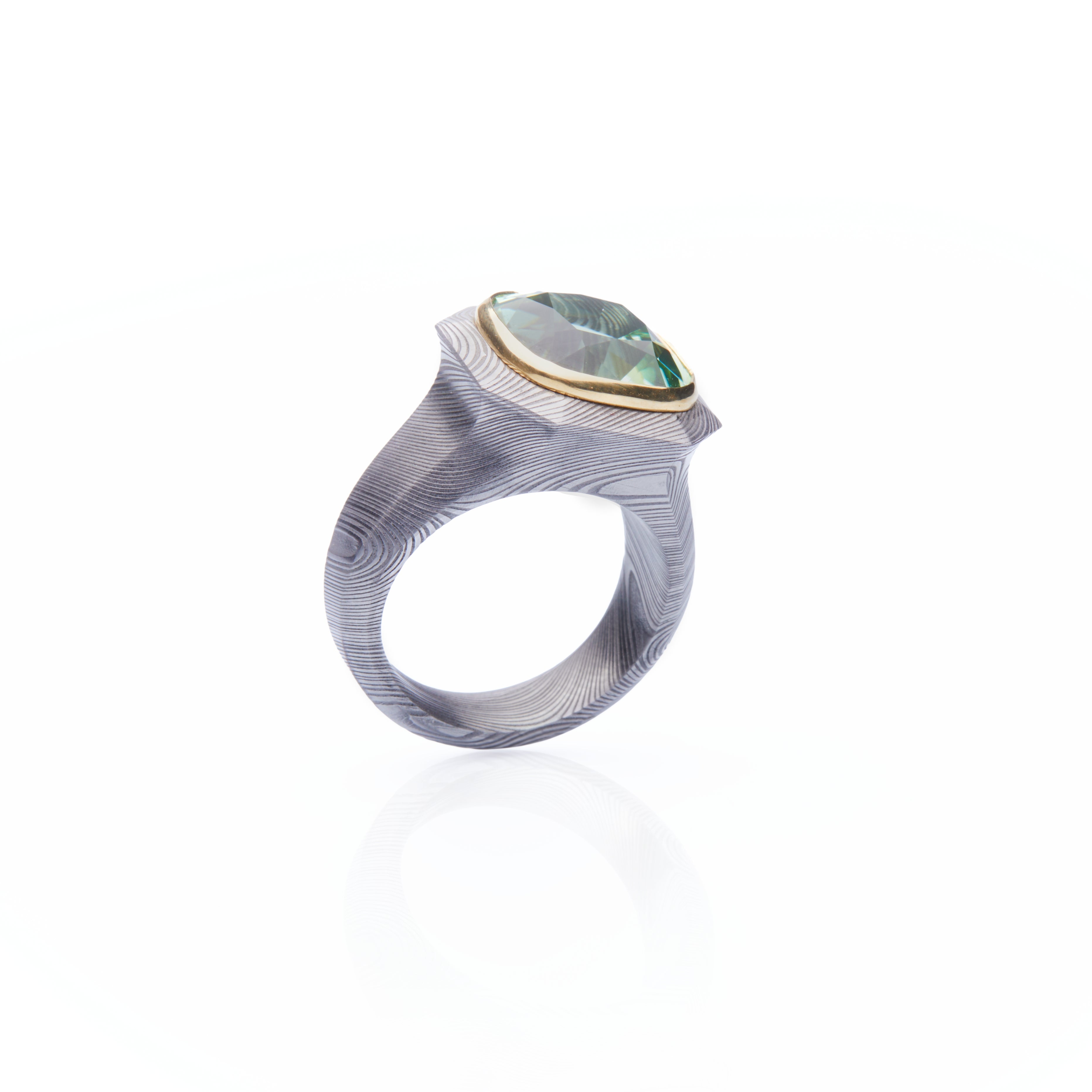 Mint Tourmaline Damascus Steel Ring